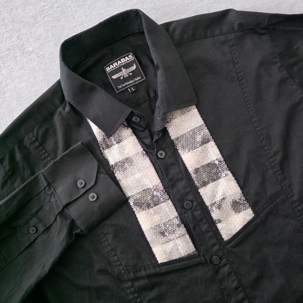 Barabas Mens Black Sequin Bib Long Sleeve Button Down Shirt Large Cotton Luxury